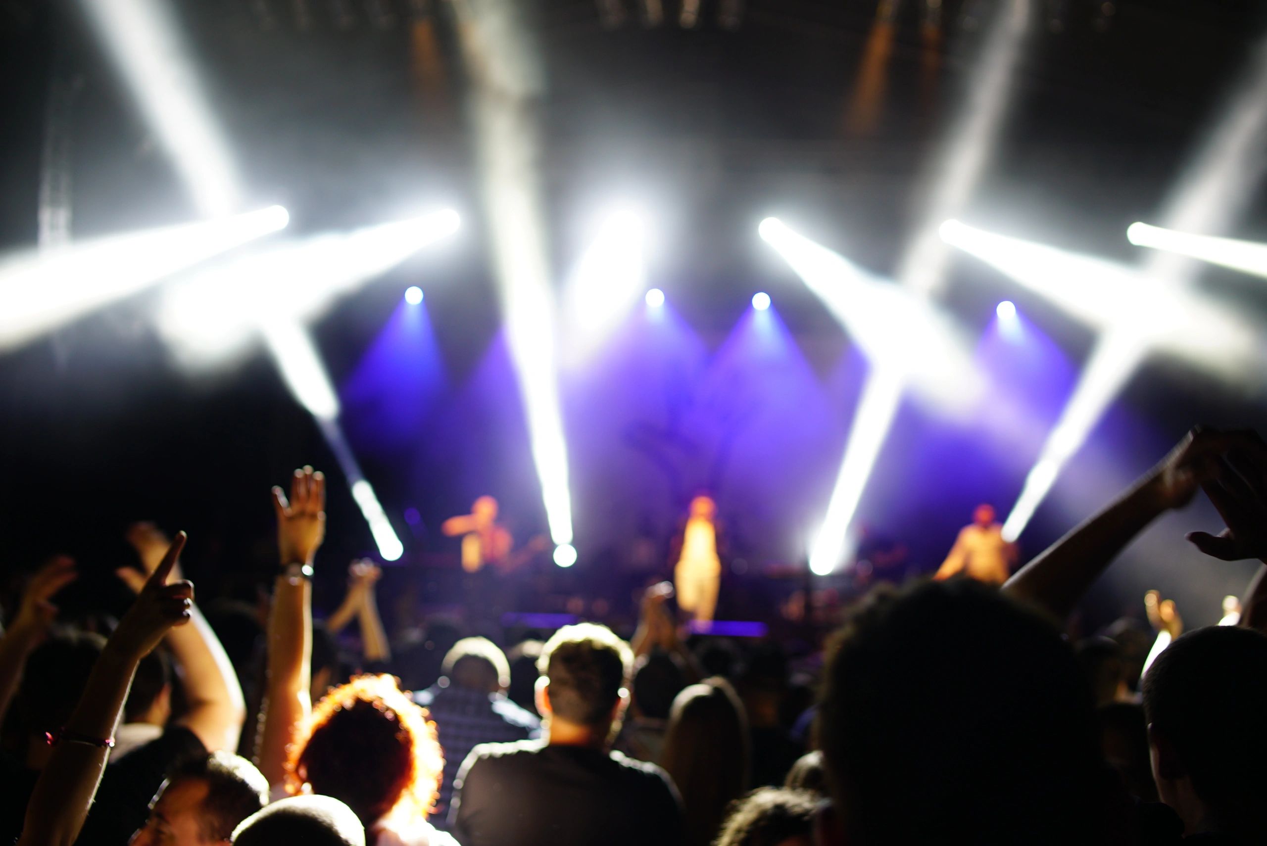 Concert crowd facing a brightly lit stage